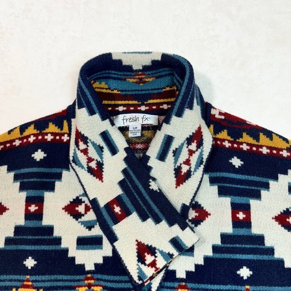 Fresh FX Wool Cardigan Aztec Print Blend Dark Multicolor Women's S/P Cozy Knit - Picture 3 of 16